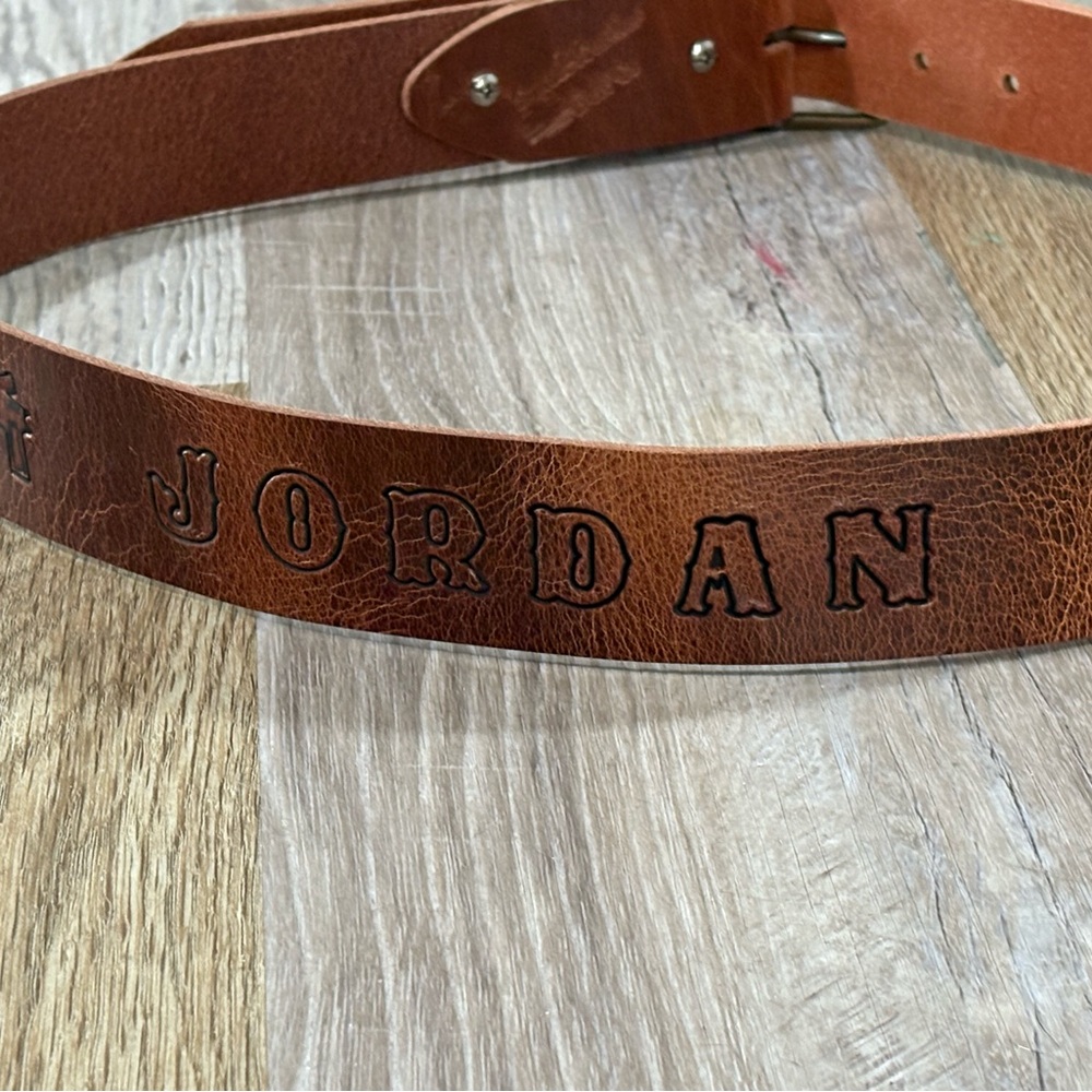 Distresseded Tan Handmade Solid Leather Belt with Jordan Engraved
